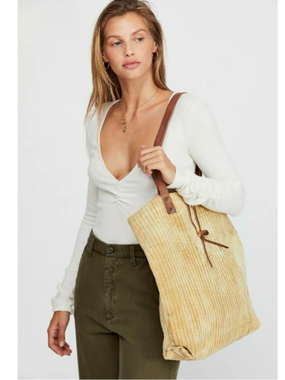 Free People We The Free Corduroy Tote Bag Leather Straps Boho Slouchy